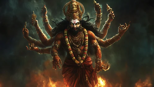 Fiery many-armed deity strides through swirling shadows.