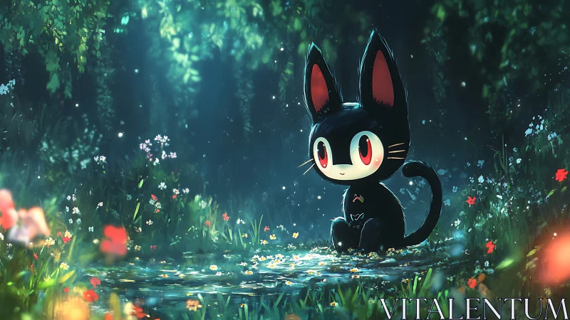 Enchanted black cat character beside glowing forest pool.