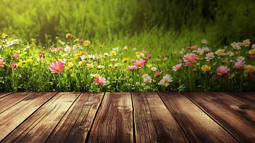 Wooden Deck Meets Blooming Spring Garden.