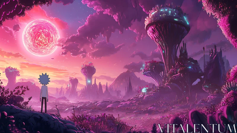 Celestial alien vista with silhouetted figure in neon dusk palette.