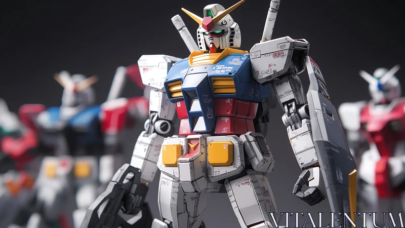 Mecha model lineup rendered with shallow depth of field focus