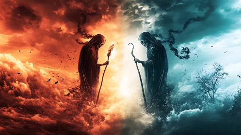 Digital painting diptych of elemental reaper duality.