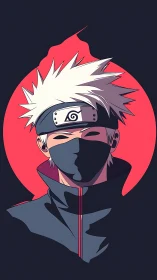 Masked silver haired ninja portrait against red moon.
