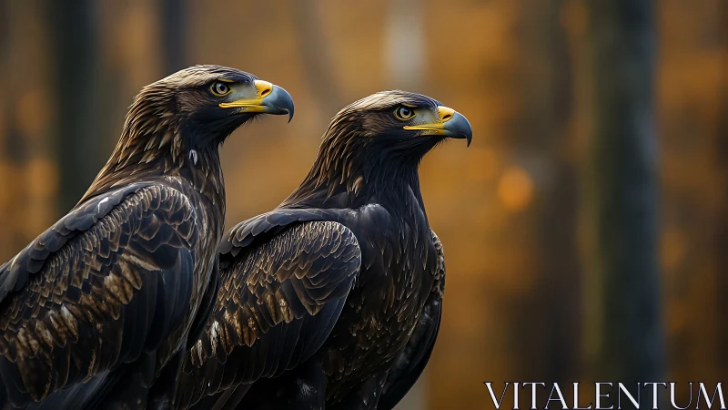 Two majestic eagles in autumn forest, realistic wildlife photography.