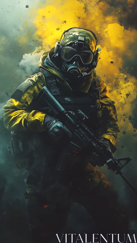 Soldier in tactical gear stands before dense yellow smoke