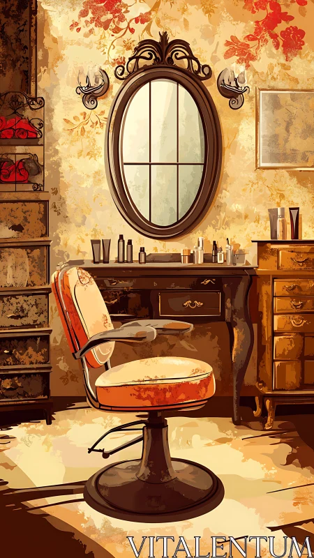 Vintage salon chair in ornate golden vanity interior scene.