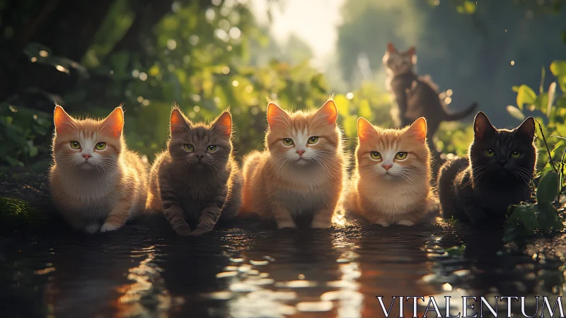 Backlit Feline Group in Riparian Habitat with Volumetric Atmospheric Lighting