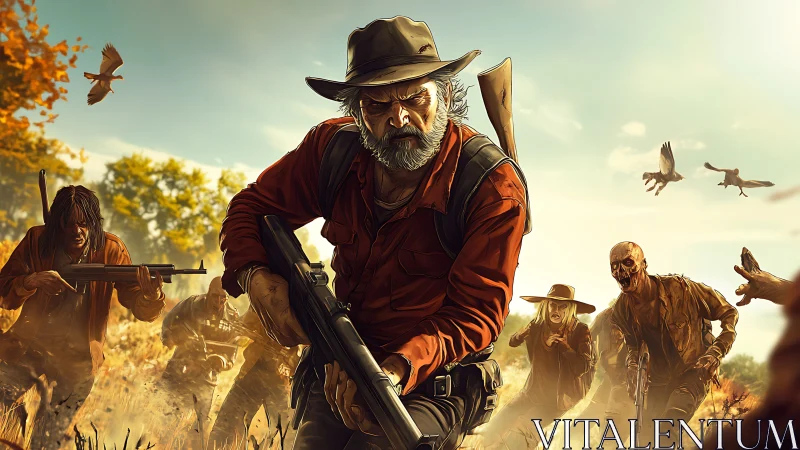 Aged gunslinger advances through backlit zombie onslaught