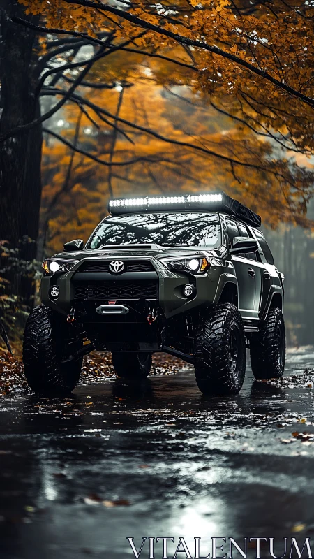 Photorealistic lifted SUV in moody autumn forest setting.