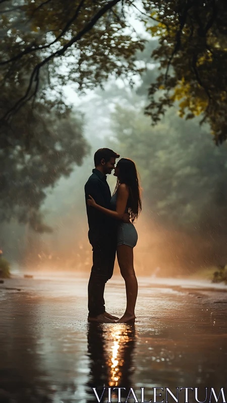 Couple shares intimate moment in rain beneath tree canopy.