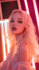 Blonde woman poses in neon pink studio light portrait