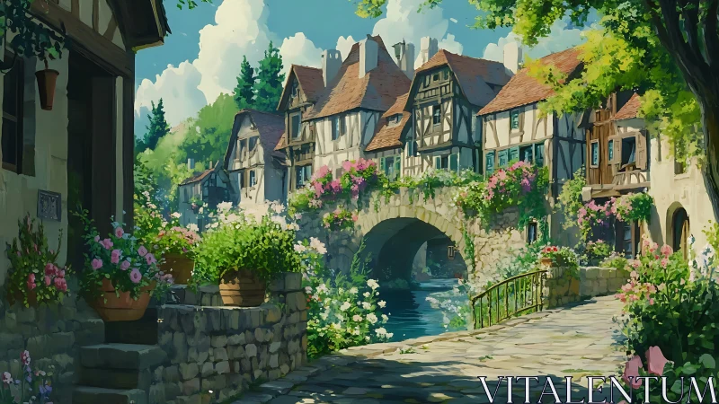 Sunlit riverbridge cradles a blooming storybook village