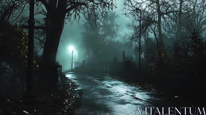 Foggy night road with wet pavement and streetlamp glow.