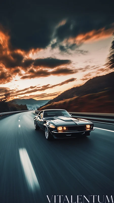 Vintage muscle car at speed on curved highway at sunset