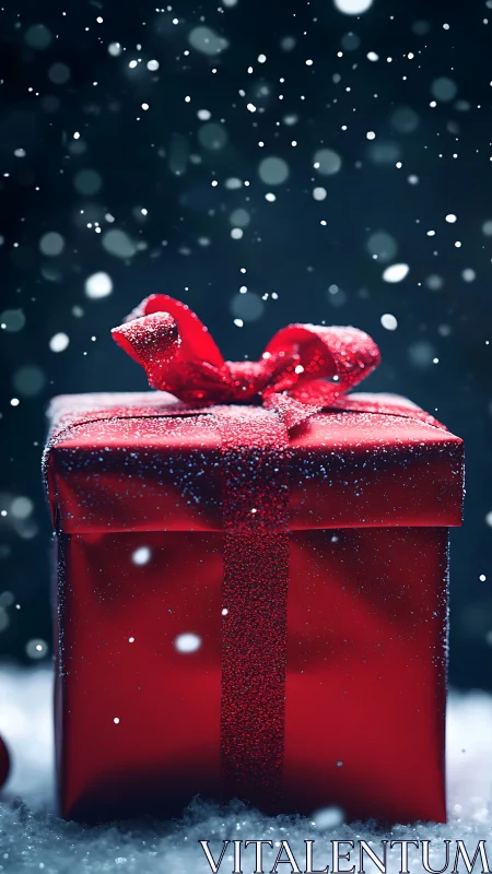 Red gift box under falling snow rendered in shallow focus