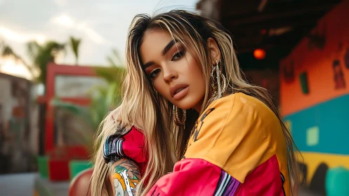 Sunset street portrait with bold color and quiet confidence.