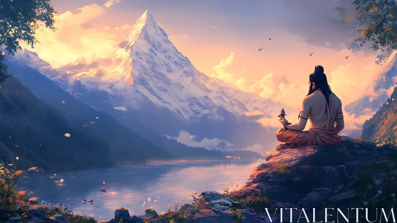 Meditating sage overlooking glacial lake and sunlit alpine summit