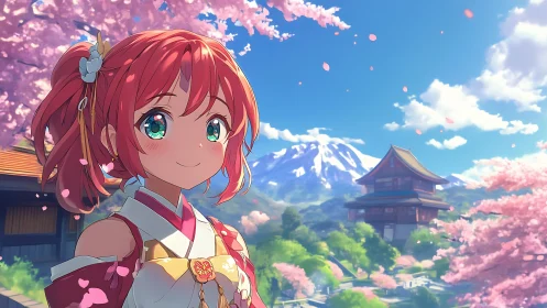 Spring kimono heroine under sakura with distant mountain.