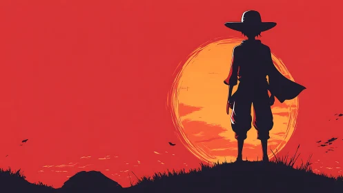 Silhouetted frontier wanderer against exaggerated vector sunset.