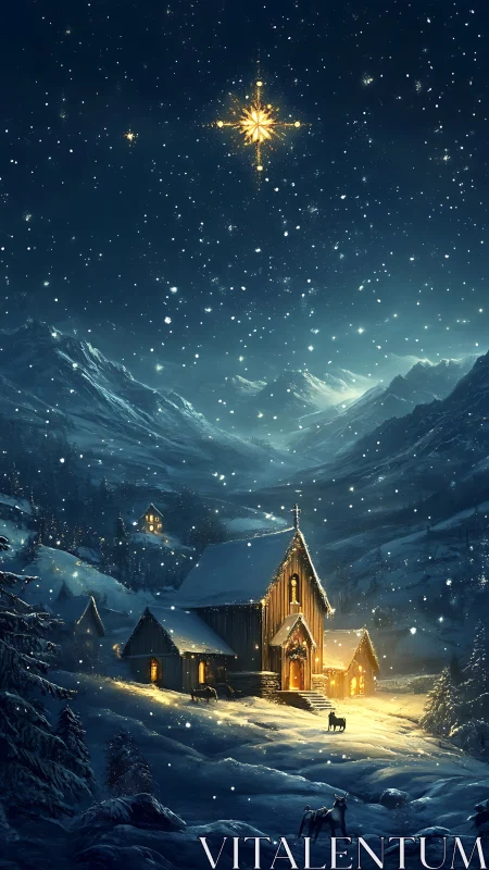 Digital painting of alpine chapel under luminous guiding star.