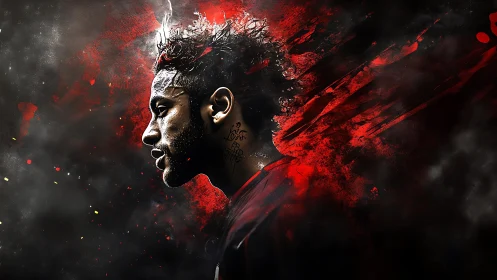 Dynamic digital portrait with explosive red motion streaks.