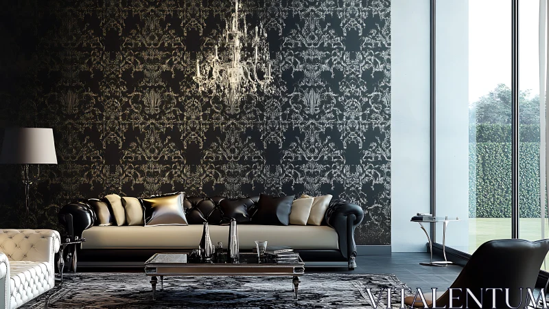 Luxurious black living room with chandelier and sofas.