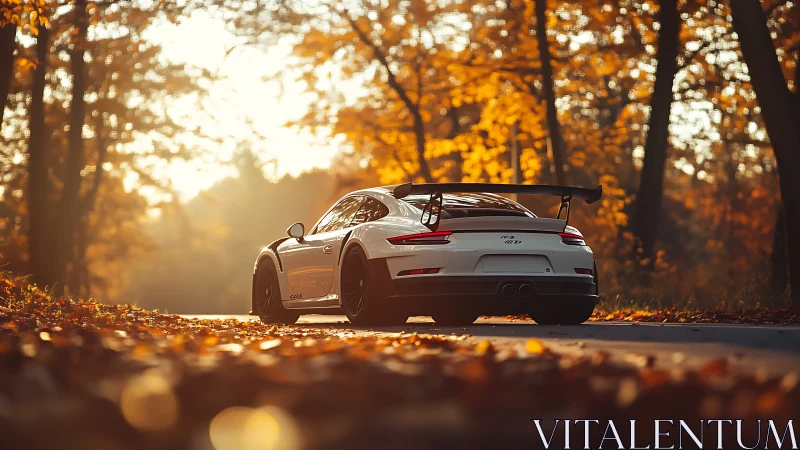 Sporty white coupe enjoying a golden autumn forest drive.