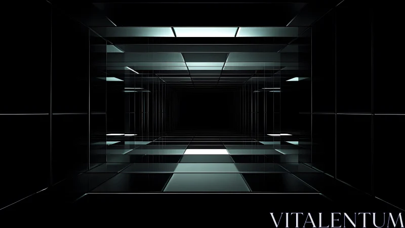 Futuristic Dark Glass Hallway with Reflections and Neon Lighting.