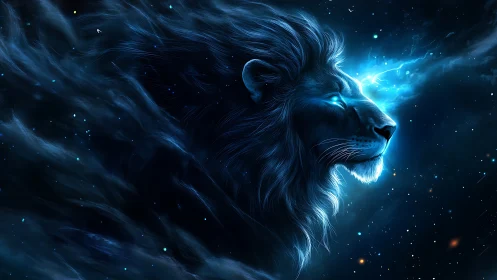 Cosmic plasma lion profile in nebular blue spectral glow.