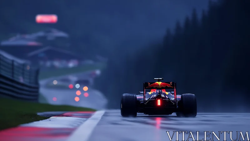 Night rain racing: single car chasing sparks of distant light.