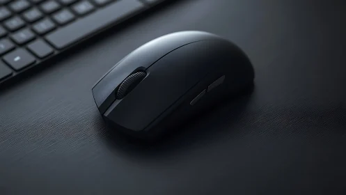 Sleek Black Computer Mouse on Dark Desk Surface