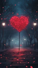 Illuminated Heart Shape: Nighttime Park Pathway with Luminous Display
