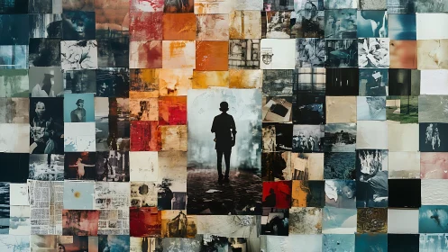 Central silhouetted figure anchors dense photographic collage grid