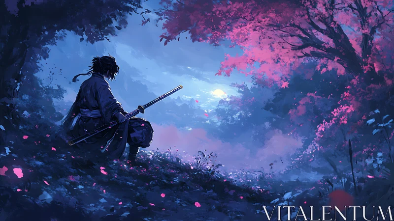 Quiet samurai rests beneath glowing pink twilight trees