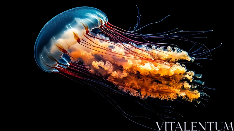 Luminous jellyfish drifts through dark water in radiant color