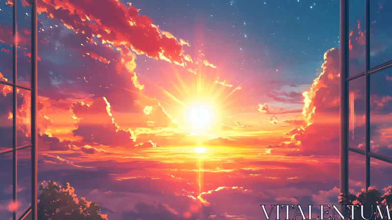 High-altitude window view over radiant stratiform sunset sky