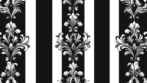 Baroque damask over bold black and white vertical stripes.