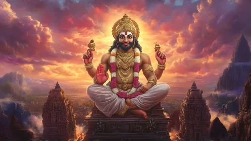 Radiant four-armed deity levitates above ornate stone temples at dusk