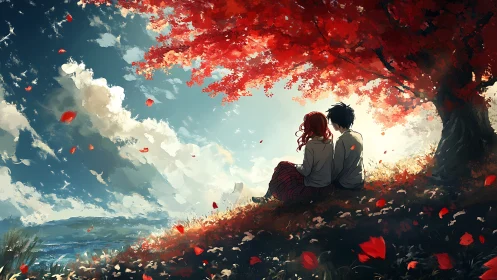 Romantic couple under scarlet tree framed by expansive sky