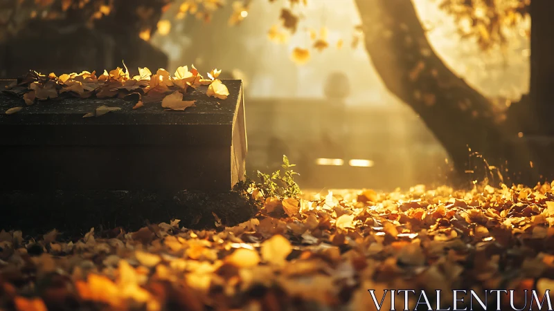 Autumn leaves covering grave in warm evening cemetery light.
