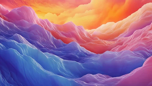 Vibrant glowing terrain ripples under radiant orange sky