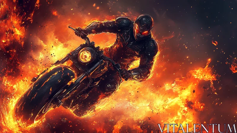 Armored rider on burning motorcycle cuts through explosive fire vortex