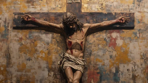 Hyperreal crucifixion study with textured backdrop and dynamic lighting