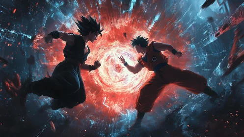Twin warriors collide before a shattering cosmic vortex.