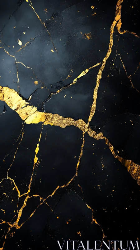 Black marble surface with luminous gold fracture veins.