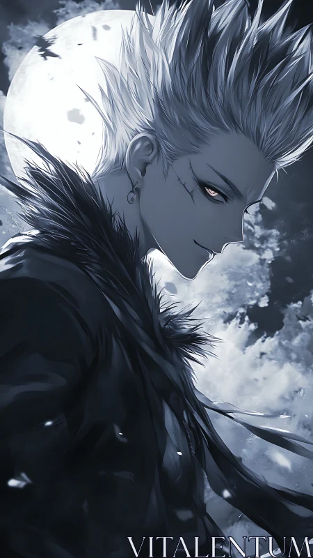 Moonlit silver rogue with feral grin and storm-bright gaze.