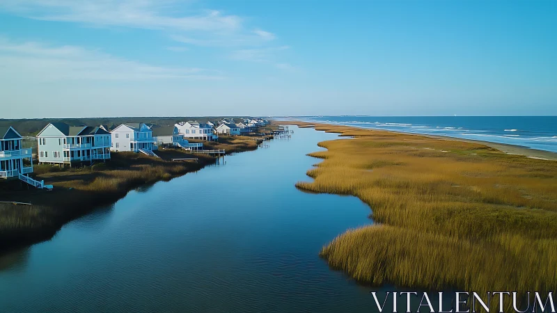 Peaceful coastal homes beside a calm blue inlet at sunrise.