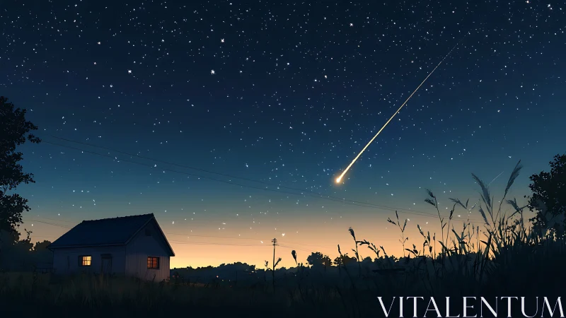 Meteor streak over rural house at dusk under starry sky.