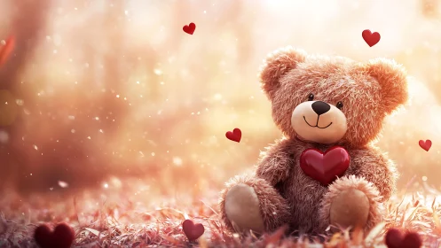 Fluffy teddy bear holds red heart in glowing bokeh light