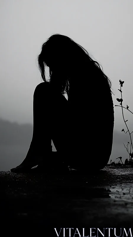 Quiet silhouette rests alone beside a calm, misty shoreline